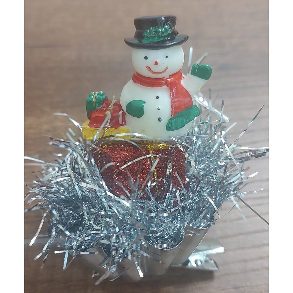 Vtg Snowman Clip On Christmas Ornament Handmade Tart Tin Present Gift Tinsle O2